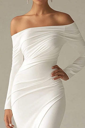 White Mermaid Off the Shoulder Long Sleeves Ruched Satin Long Bridal Dress